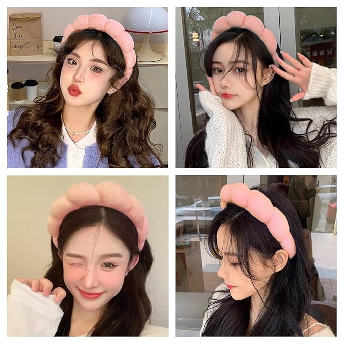Spa Headbands for Washing Face or Makeup, Sponge Bubble Skincare Headbands, Puffy Terry Cloth Hairband for Women, Skin Care Makeup Headwear Hair Accessories for Girls(Orange Pink)