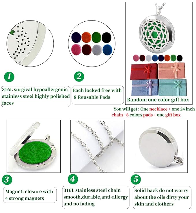 Aromatherapy Essential Oil Diffuser Necklace -Perfume Stainless Steel Pentagram Locket Pendant Jewelry for Women Men Birthday