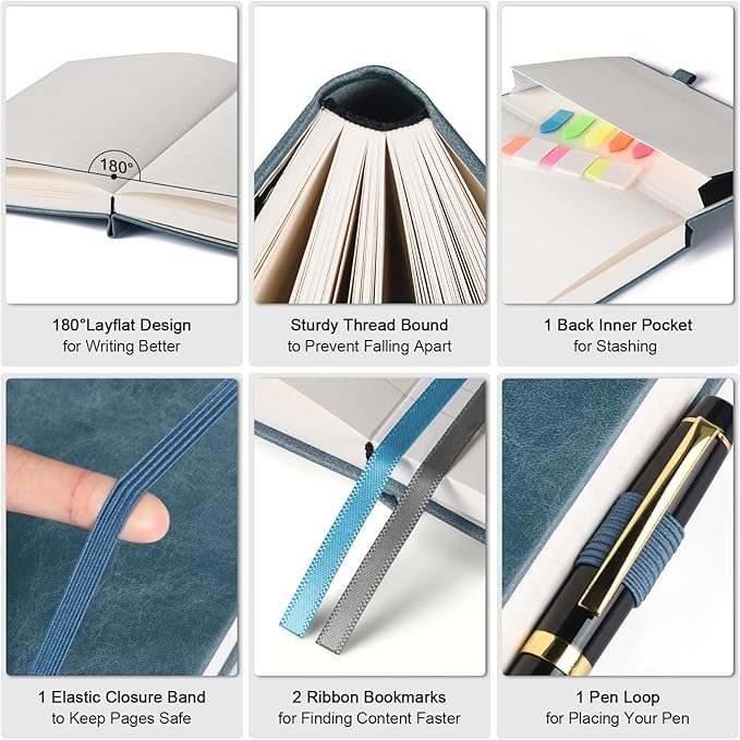 College Ruled Notebook, Large A4 Hardcover Leather Journal, 312 Numbered Pages Writing Journal, 100gsm No Bleed Paper, Lined Journal Notebook for Women Men School Office, 8.5''×11'', Grey Blue