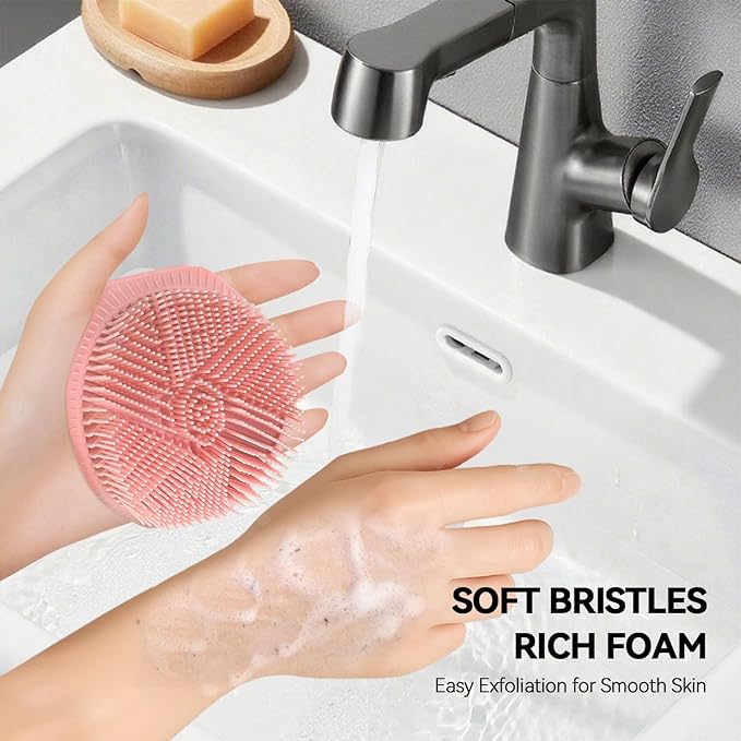 2-Pack Soft Silicone Dual-Sided Body Scrubber & Loofah | Gentle Exfoliating Shower Brush for Men & Women | Creates Rich Lather, Easy to Clean (Black & Pink)
