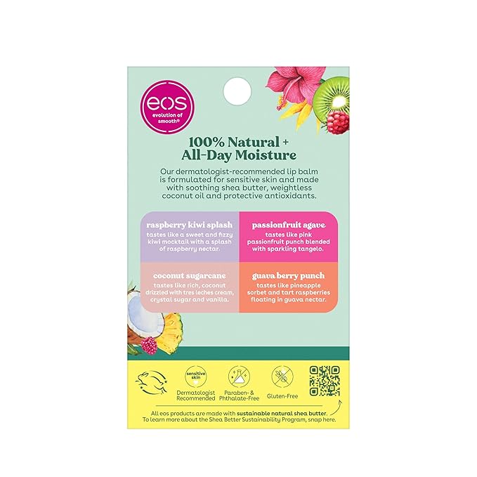 eos 100% Natural Lip Balms - Raspberry Kiwi Splash, Passionfruit Agave, Coconut Sugarcane, & Guava Berry Punch, All-Day Moisture Lip Care, 0.14 oz, 4-Pack