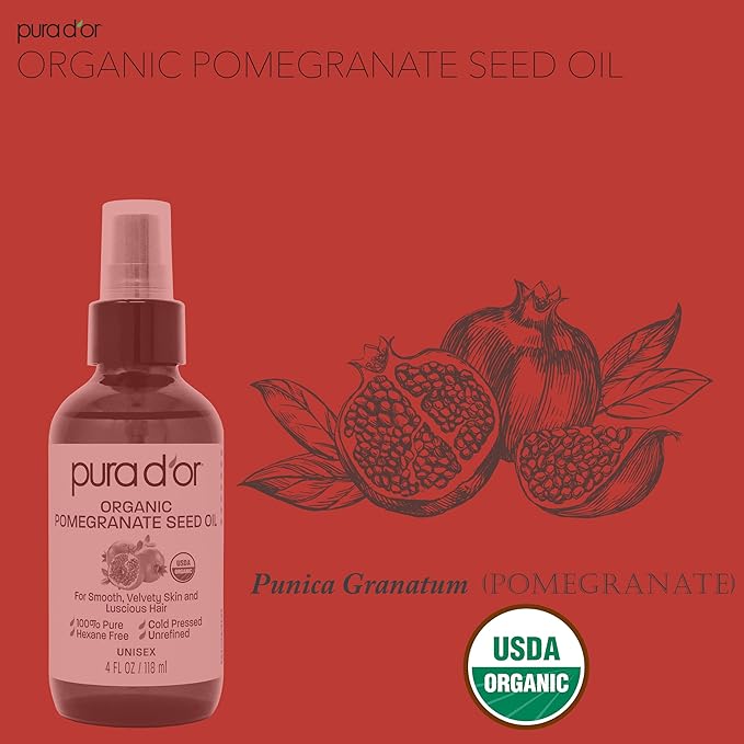 PURA D'OR 4 Oz ORGANIC Pomegranate Oil - 100% Pure USDA Certified Premium Grade, Cold Pressed Body Oil - Rich in Antioxidants - Face and Skin - Hair Moisturizer For Men and Women