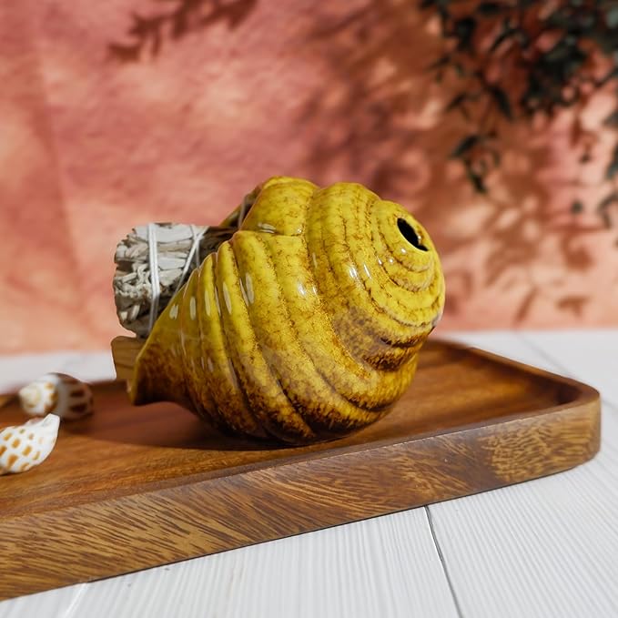 Yellow Ceramic Conch Palo Santo Holder - Mini Chimney Incense Burner, Tabletop Smudge Bowl Compatible with Sage/Sticks/Cones/Copal,for YogaćZen MeditationćWitchcraft, Ideal Altar Decor Gift