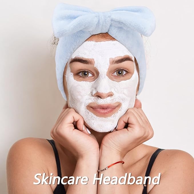 VELSCRUN Spa Headbands for Wash Face, Makeup Headband, Facial Skincare Headbands, 5 Pcs Blue Puffy Sponge Spa Headband Bow Tie Hair Band Hair Clips Wristband Set Women Girls Accessories