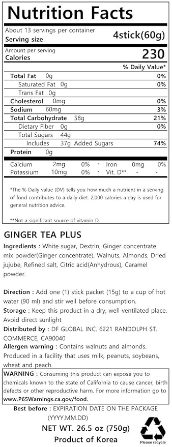 Damtuh Korean Traditional Ginger Tea Plus, Ginger Powder, 15g x 50 Sticks