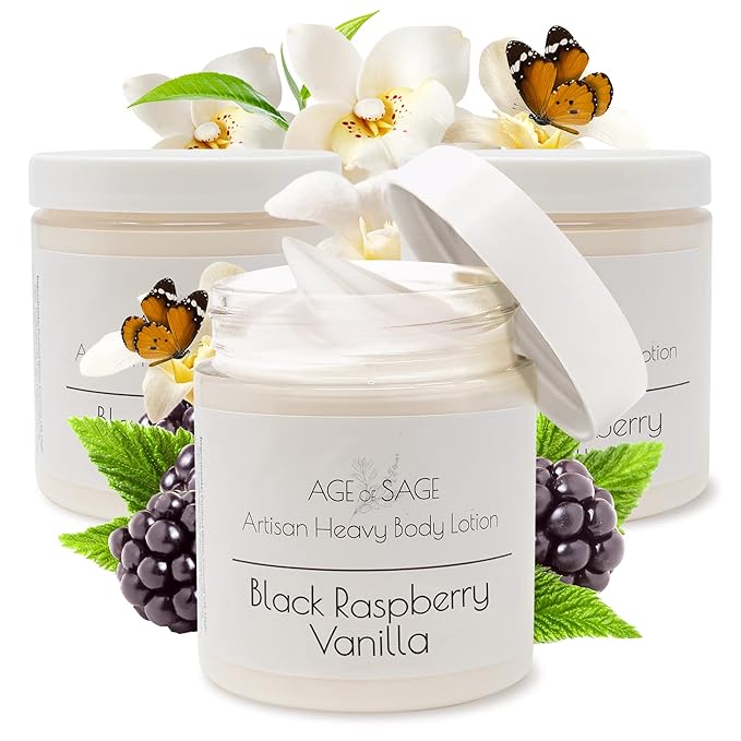 Body Lotion with Shea Butter - Gifts for Her, Body Moisturizers Infused with Coconut & Sunflower Oils, Birthday Gifts for Women Raspberry Vanilla Scent, 8 oz Jars - 3 Pack