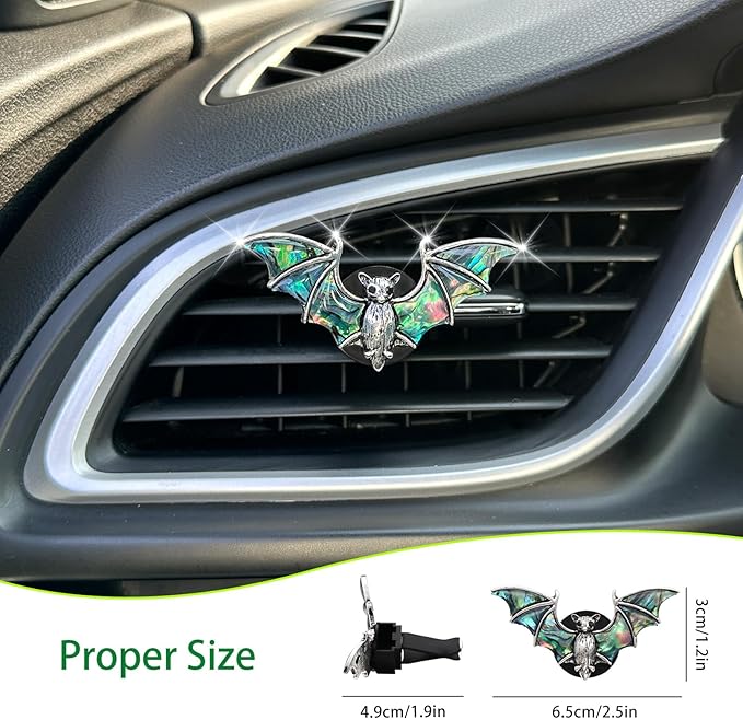 Bat Air Vent Clip Car Air Freshener Outlet Clips Natural Abalone Shell Seashell Color Vampire Bat Car Accessories Gothic Car Decor Refillable Car Diffuser Clips (Small Bat)