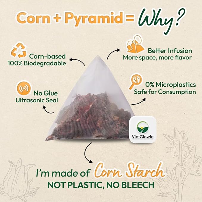 VietGlowie 30 Hibiscus Pyramid Tea Bags, 2.5g/Bag to 33oz, Hibiscus Flower Loose Leaf Herbal Tea, Refreshing & Tart, Caffeine-Free, 100% Natural, Corn-Based Tea Bags