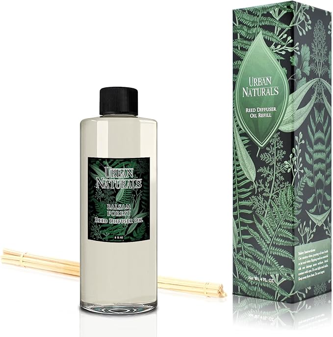 Urban Naturals Reed Diffuser Oil Refill Balsam Forest with Balsam Fir, Pine Needles, Evergreen, Cedar, Sandalwood 8 oz + Free Reed Sticks, Made in The USA