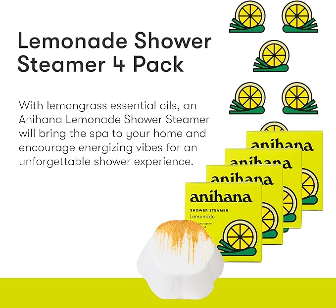 ANIHANA Shower Steamers 4 Pack with Lemongrass Essential Oils, Paraben Free, Cruelty Free, Refreshing Lemonade Scent, 1.76 oz Each