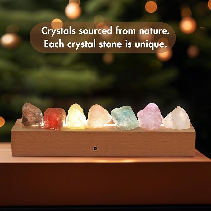 Healing Crystal Night Light,7 Chakra Natural Bedside Lamp with Wooden LED Light Base,Healing Stones Positive Energy Night Lights for Home Decor Gifts (Rechargeable)