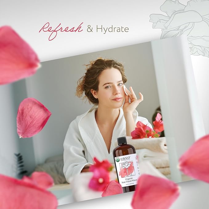 HBNO California Bottled Organic Rose Water for Face Huge 16 fl oz (480ml) Value Size - USDA Certified for Face - Pure Rose Water for Hair - Rosewater for Skincare, Haircare