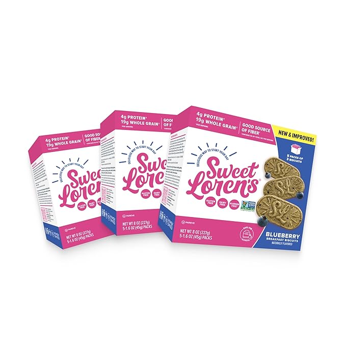 Sweet Loren's Vegan Breakfast Biscuits | Blueberry | 4g Protein, 19g Whole Grains | Plant Based, Gluten Free, Dairy Free, Nut Free Snacks | 3 Pack (15 Total Biscuits, 1.6 ounce each)