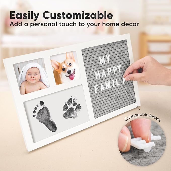 Baby Hand & Footprint Kit with Felt Letterboard, Inkless Ink Pad - Personalized New Mom Gifts for Baby Announcement, Cute Nursery Newborn Picture Frame,Ideal Dog Nose & Paw Print Kit(Alpine White)
