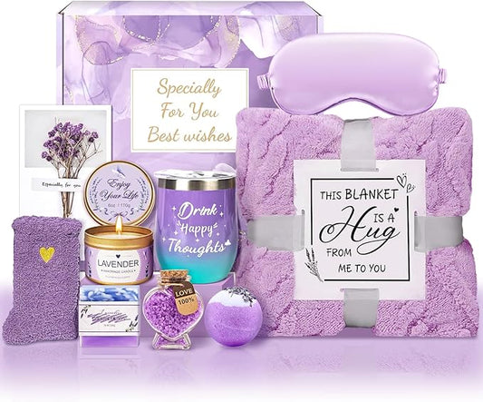 Birthday Gifts for Women Self Care Gifts Get Well Soon Gifts, Lavender Relaxation Spa Gift Basket Sets with Luxury Flannel Blanket, Unique Mothers Day Mom Gifts Basket for Mom Wife Grandma Sister