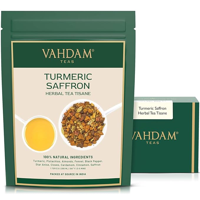 VAHDAM, Turmeric Saffron Herbal Tea Loose Leaf 100g (50 Cups, 3.5oz) Blend Of Turmeric Tea, Saffron Tea & Fresh Spices | Whole Loose-Leaf Tisane | Vacuum Sealed for Freshness