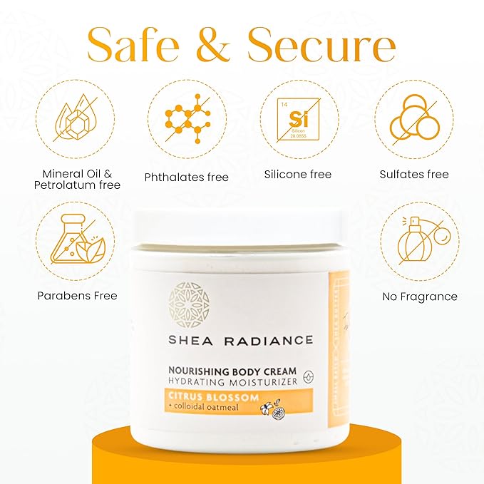 Shea Radiance Nourishing Body Cream with Colloidal Oatmeal | Hydrating Moisturizer for Sensitive Skin | Gentle Hydration with Long Lasting Moisture | Citrus Blossom 8 oz