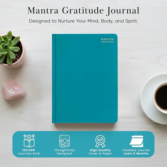 Gratitude Journal For Women & Men - Mental Health, Self Love & Self Care Journal - Teal - 5.8" x 8.3" - Mantra Planner