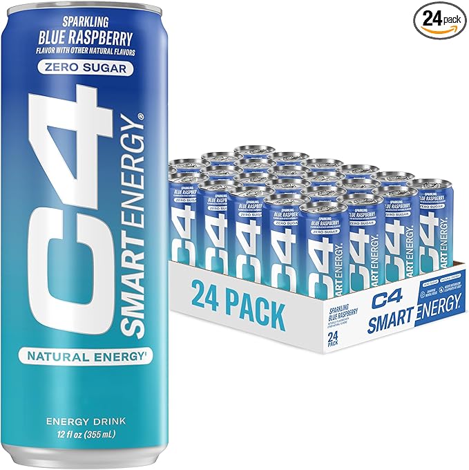 C4 Smart Energy Drink - Sugar Free Performance Fuel & Nootropic Brain Booster, Coffee Substitute or Alternative | Blue Raspberry 12 Oz - 24 Pack