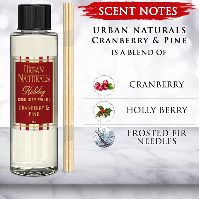 Urban Naturals Holiday Cranberry & Pine Scented Oil Reed Diffuser Refill | Cranberry, Holly Berries and Frosted Fir Needles | Includes a Free Set of Reed Sticks! 4 oz.