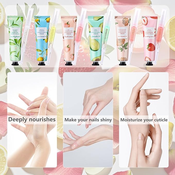 KWOLYKIM 12 Sets Bulk Hand Cream and Bulk Cuticle Oil Pen Christmans Gift Set for Women Coworker Hand Repair with Makeup Bag and Thank You Card Skincare Gift Bridal Shower Favors for Guests Party Gift