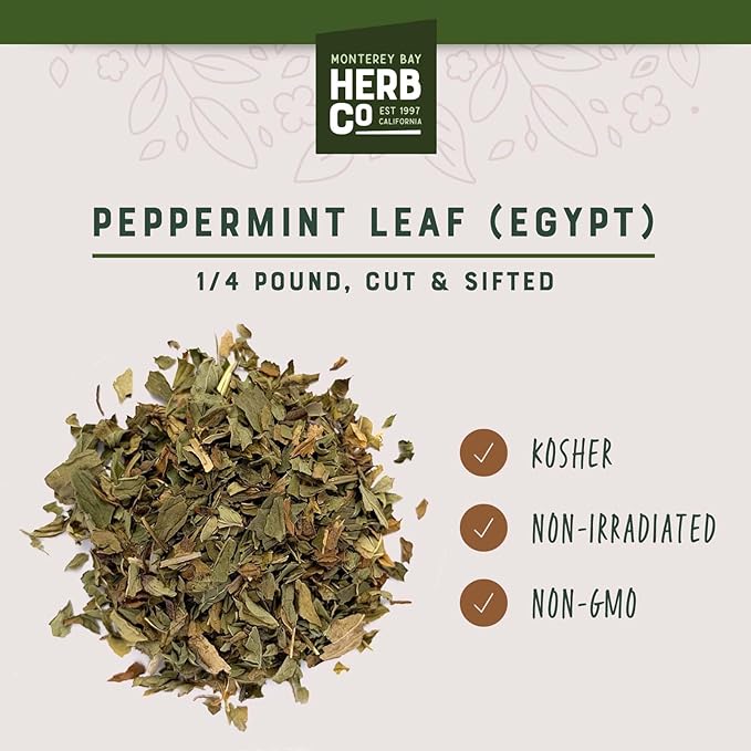 Monterey Bay Herb Co. Egyptian Peppermint Tea, Cut & Sifted | Add to Bath Blends, Oils, Soaps | Make Tea Blends & Seasonings (1/4 Pound)