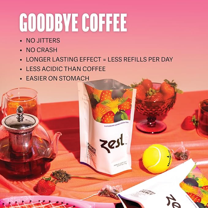 Zest Energy Green Tea - Superberry Samba - High Caffeine Strawberry, Acai, & Passion Fruit Tea - Caffeinated Coffee Altnernative with Antioxidants - Natural, Non-GMO & Keto - 20Ct Pack - 135mg Caf