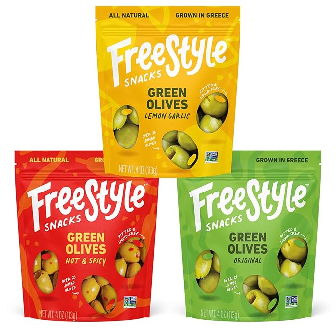 Freestyle Snacks Olive Snack Packs - Fresh Pitted Green Olives, 3 Flavors, Jumbo-Sized, Grown in Greece, Salty Snack, All Natural, Non-GMO, Paleo, Sugar-Free, Keto Snacks - Variety Pack, 4oz (3 Pack)