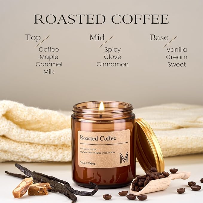 M&SENSE Roasted Coffee Candles for Home Scented Aromatherapy Candle Gift Set for Women and Men,7.05oz Soy Wax Long Lasting Amber Jar Candles Gift for Birthday Housewarming Mother's Valentine Day
