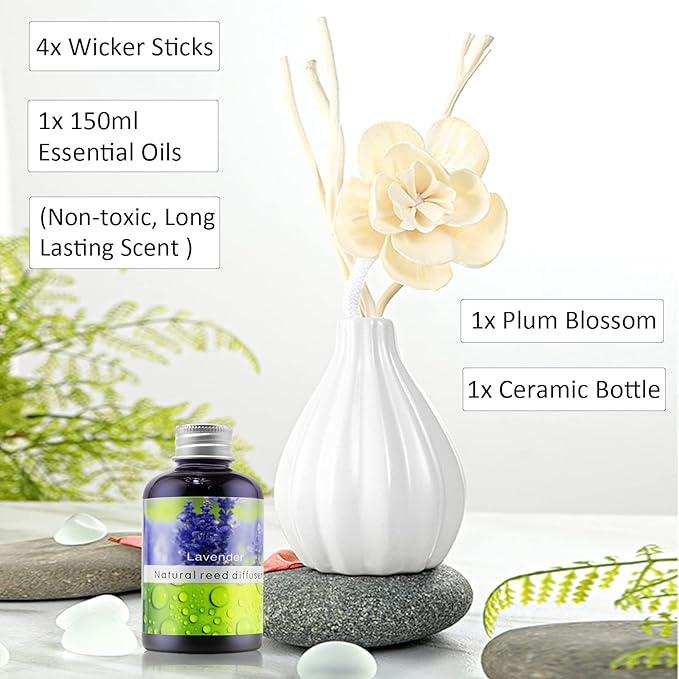 Reed Diffuser Set, Home Fragrance & Decorative Diffuser, Dried Flower Aromatherapy Oil Set, Oil Diffuser Sticks, Ceramic Bottle 5.07 oz(150ml) /1 Pack (Lavender)