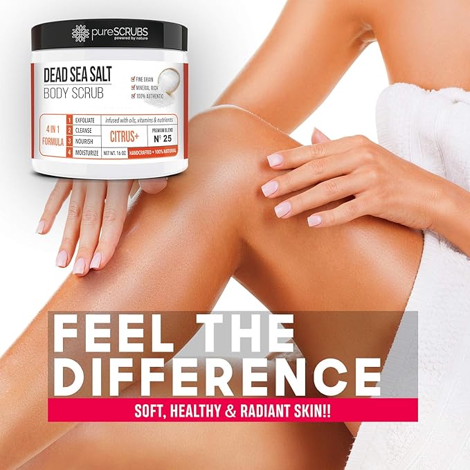 pureSCRUBS Premium Citrus Body Scrub Set - Large 16oz Dead Sea Salt Body Scrub With Infused Essential Oils & Nutrients, Includes Wooden Spoon, Loofah & Oatmeal Exfoliating Bar Soap