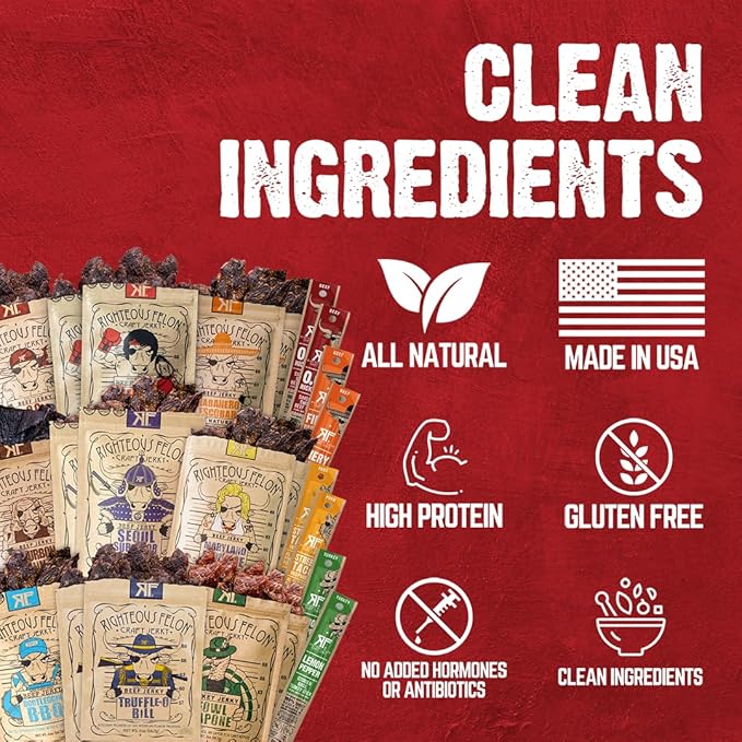 Righteous Felon Beef Jerky and Meat Sticks Variety Pack, High Protein, Low Carb, Low Sugar, Gluten Free, Healthy Snacks for Adults and Kids, Made with Premium Meats, Gifts for Men (Noah's Ark 26 Pack)