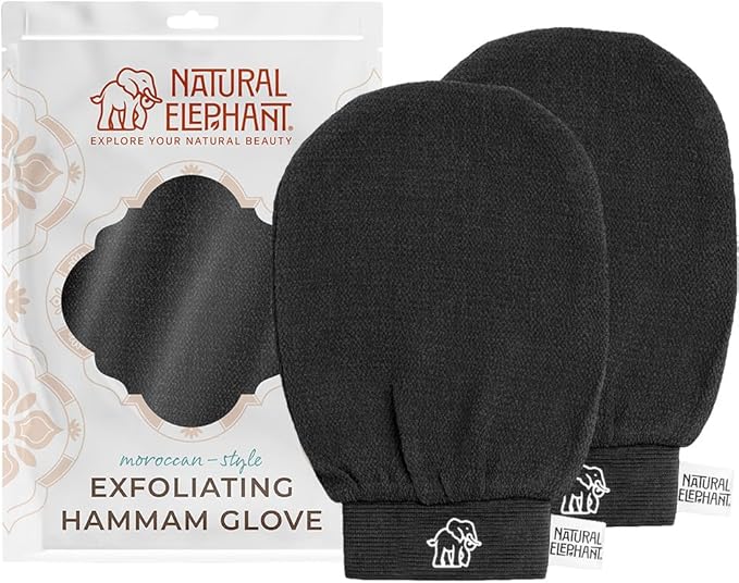 Natural Elephant Exfoliating Hammam Glove | Authentic Moroccan Kessa Body Scrub Mitt for Spa-Quality Skin Renewal | Pure Black 2 Pack