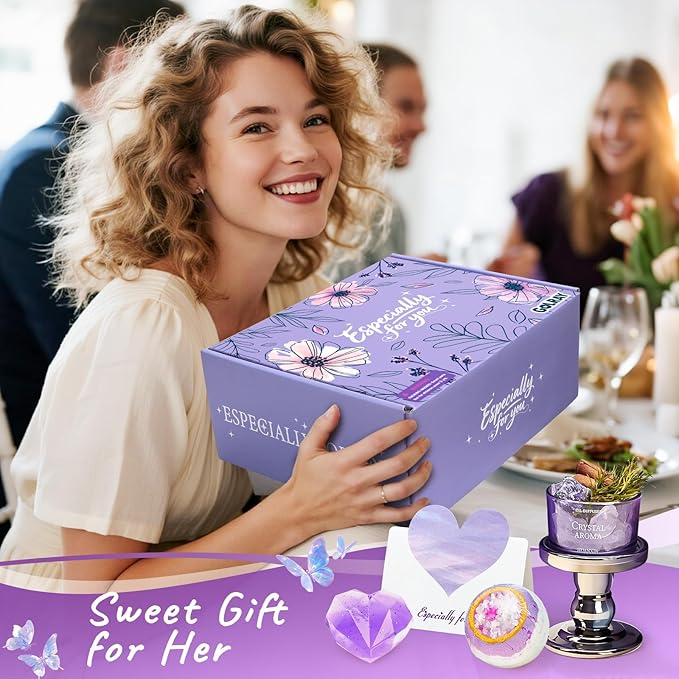 Golray Lavender Gifts for Women Friendship Gift Basket, Purple Dream Healing Fireless Aromatherapy/Thermos Set, 30th 40th 50th Women Self Care Spa Birthday Christmas Gifts for Her Sister Mom