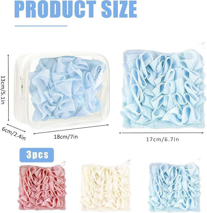3pcs Washcloth Loofah with Portable Traveling Case 2 in 1 Bar Soap Pouch Combo Shower Loofah Bath Sponge Exfoliating Body Scrubber for Body Wash Cleansing and Smooth Skin