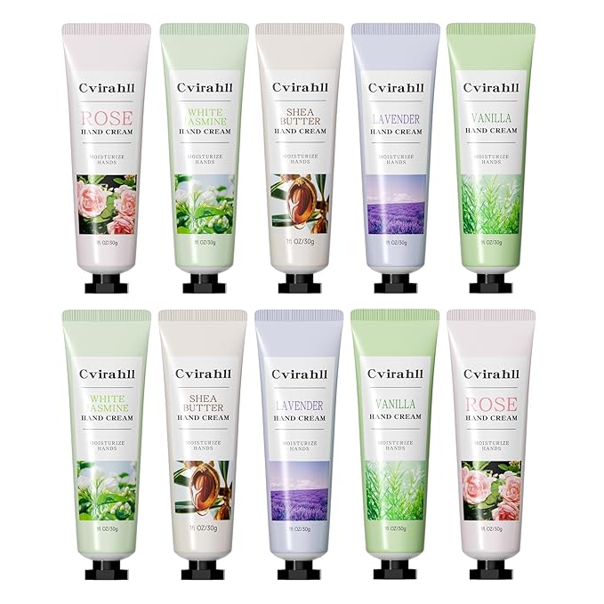 10-Pack Hand Cream Set, Moisturizing Hand Lotion for Dry Cracked Hands, 5 Natural Scents, Ideal Gift for Christmas or Stocking Stuffer for Women & Men