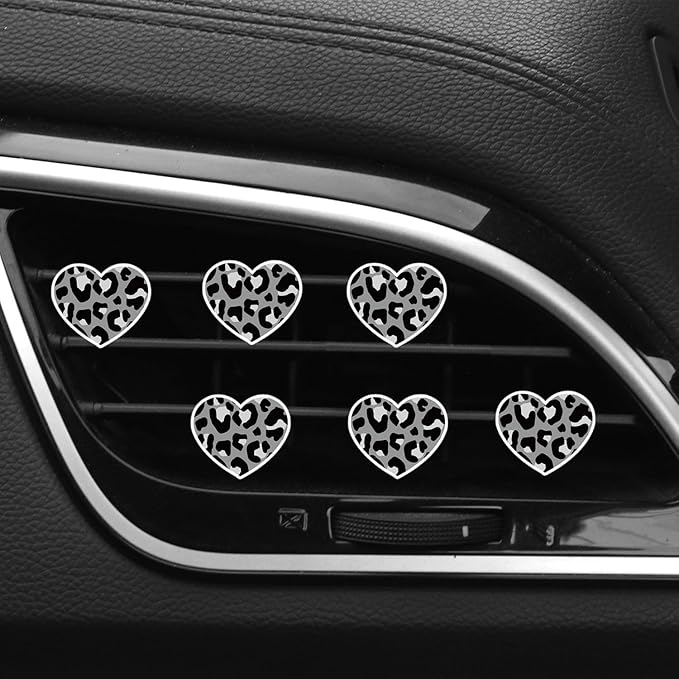 6 Pcs Heart Air Vent Clips, Cute Heart Cars Air Fresheners Vents Clips Funny Cars Diffuser Vent Clips Car Interior Decor Charm Cute Car Accessories Decoration for Women Automotive (Leopard Texture)
