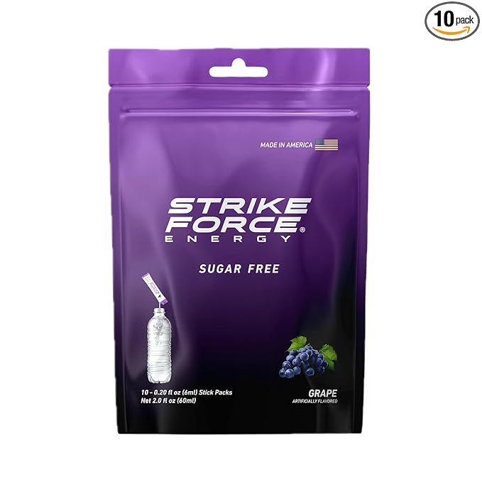 Strike Force Energy Drink Mix - Grape Flavor - Natural Tasting Caffeine Drink - Turn Any Drink into a Healthy Energy Drink - Zero Calories, Keto Friendly, Sugar Free, Pre Workout (10 Liquid Packs)