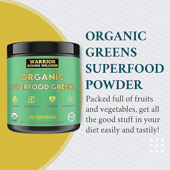 Certified Organic Greens Powder - 30 Servings - Green Superfood Powder, Energy Boost Detox Drink, Fruit and Vegetable Powder, Apple Cider Vinegar, Green Tea Extract