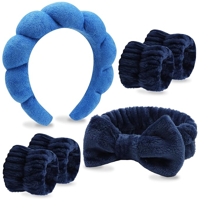 VELSCRUN 6 Pack Spa Headband, Makeup Headband, Face Wash Headbands, Skincare Headbands, Navy Blue Sponge Hair Band Bow Tie Spa Head Band for Washing Face Wristband Set Women Girls Hair Accessories