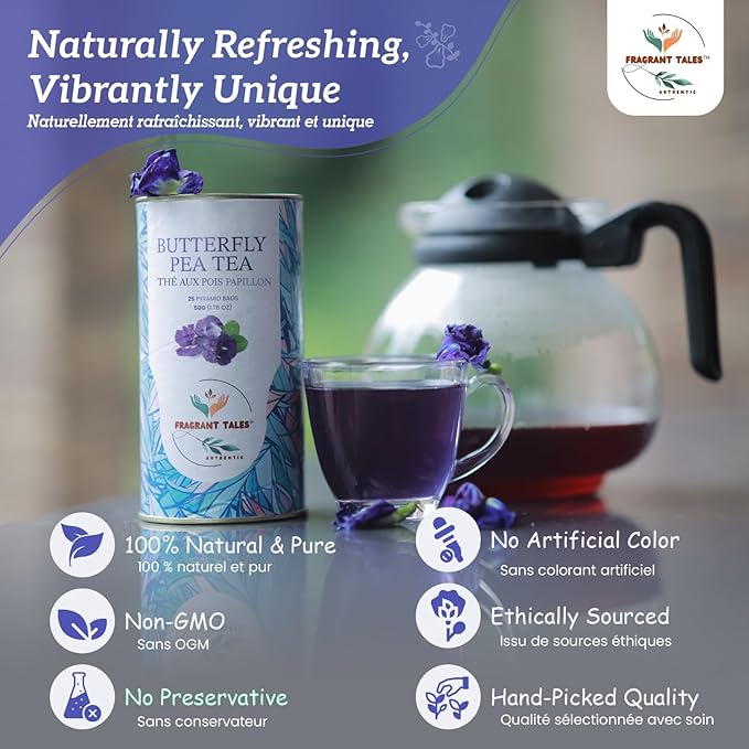 FRAGRANT TALES - Blue Butterfly Pea Flower Tea, 1.76 Oz, 25 Pyramid Bags, Natural Herbal Tea, Caffeine Free, Preservative Free