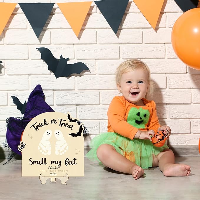 Sereliy Baby's First Halloween DIY Footprint Art Card, Wooden Halloween Baby Sign Keepsake Ornaments for Baby Shower Newborn Photoshoot Prop (Trick)