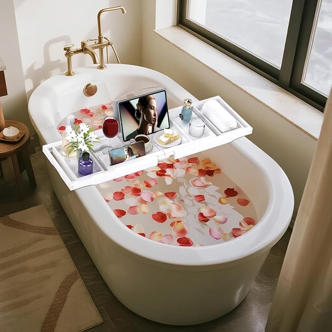 Bathtub Tray Caddy, Expandable Bath Trays for Tub, Bamboo Shelf & Table with Wine Glass Holder,Bathroom Accessories for New Home & Mothers Day & Birthday Gifts for Mom,White