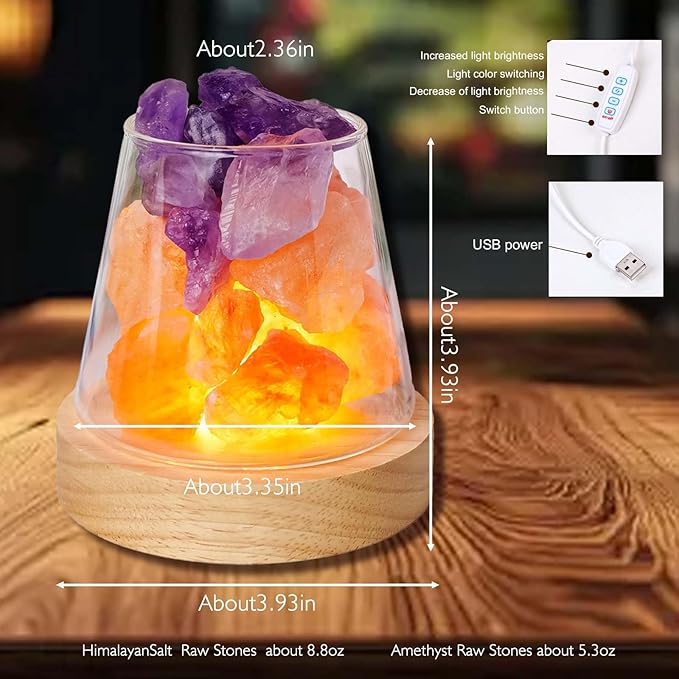 Runyangshi Healing Crystal Night Light Natural Himalayan Salt & Amethyst Raw Stones Aroma Diffuser USB Powered 3 Colour Adjustable Bedside Lamp for Bedroom Living Room Yoga Meditation Home Decor Gift