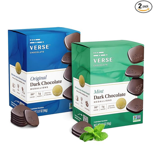 Verse Dark Chocolate Squares Variety Pack - Original and Mint w/ 1g Cane Sugar, High Cacao - Premium Dark Chocolates - Individually Wrapped Chocolate Squares (9 Count, 2 Pack)