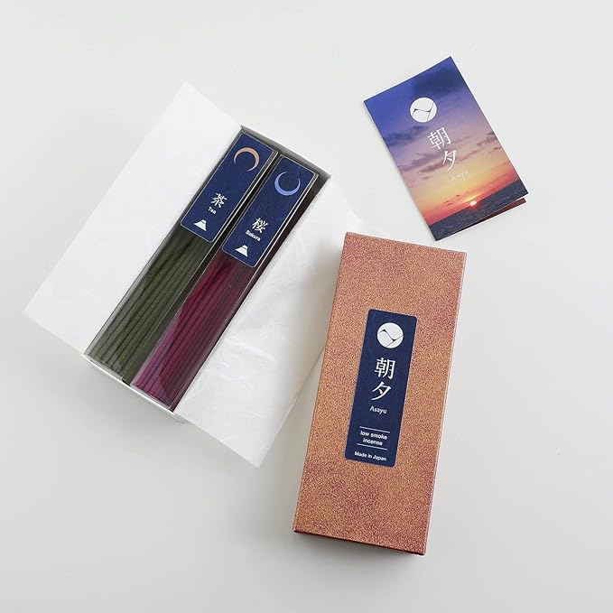 Asayu Japan 2-in-1 Low Smoke Incense Sticks Japan Set, 2 scents: Matcha Green Tea & Sakura, Japanese Incense for Morning & Evening Relax, Yoga, Meditation. Smokeless for Less Irritation