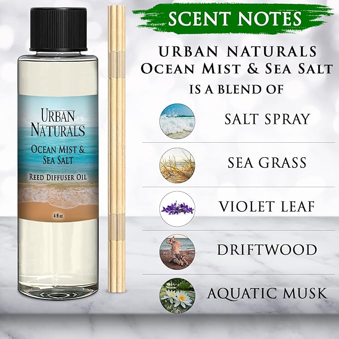 Urban Naturals Ocean Mist & Sea Salt Scented Oil Reed Diffuser Refill, 4 oz (2 Pack)