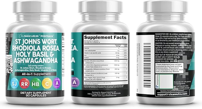 Clean Nutraceuticals St Johns Wort Rhodiola Rosea Holy Basil Ashwagandha - Mood Support for Women and Men with Vitamin C & Black Pepper Extract - 90 Caps