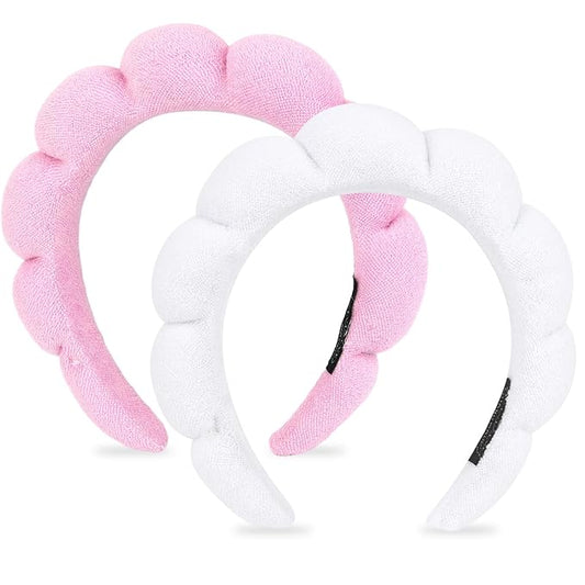 AMCAMI Puffy Spa Headband for Women 2 PCS Sponge Headbands for Girls Terry Towel Cloth Fabric Head Band for Skincare,Makeup Removal,Face Washing,Facial Mask,Shower,Hair Accessories(White&Light Pink)