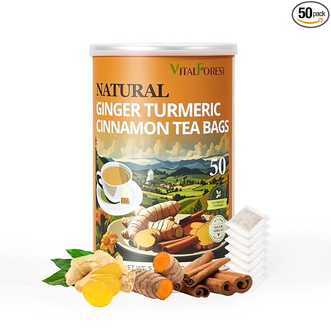 50 Premium Turmeric Ginger Cinnamon Tea Bags| Vitalforest Natural Ginger Tea Bags| Pure Turmeric Tea| Herbal Cinnamon Tea| Supports Digestion, Caffeine Free